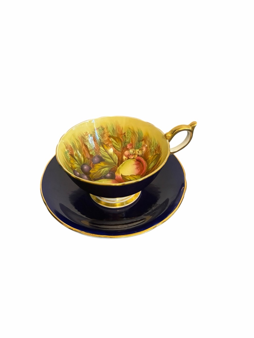 Aynsley Orchard Gold Teacup and Saucer Set Cobalt Blue Fruit Fine Bone China